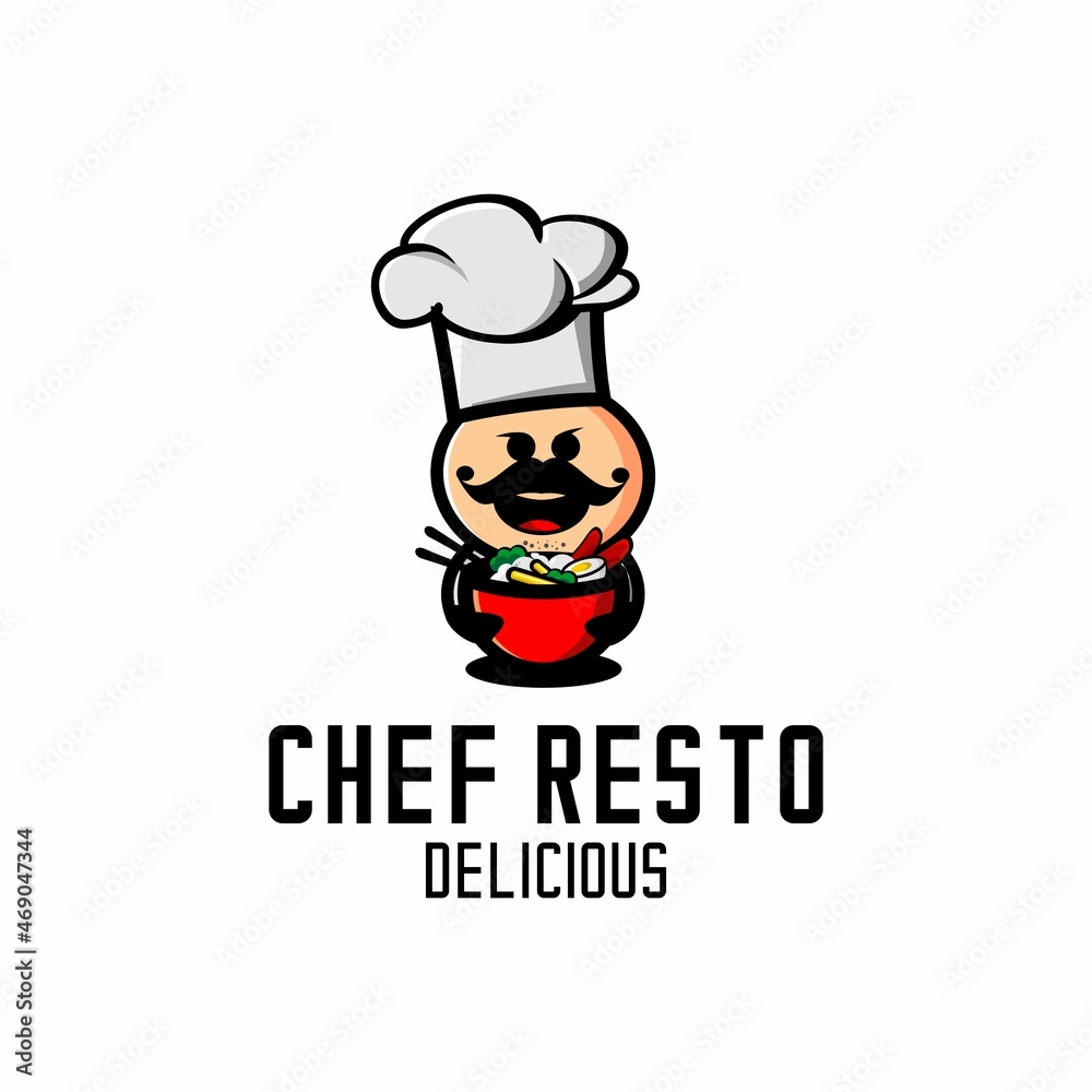 restaurant logo illustration vector, cartoon chef carrying a bowl of delicious noodles