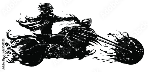 A creepy and funny skeleton on an incredibly long bike rides laughing at high speed, he is burning with black fire, his demonic motorcycle with a mouth in front is burning with him. 2d  illustration