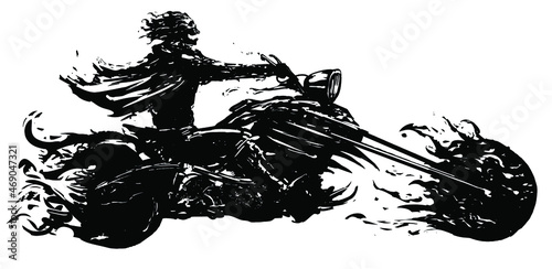 A creepy and funny skeleton on an incredibly long bike rides laughing at high speed, he is burning with black fire, his demonic motorcycle with a mouth in front is burning with him. 2d illustration