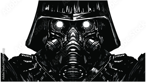 A frightening liquidator soldier, wearing a high-tech hermetic mask with a respirator, he is wearing a shiny black helmet helmet, his round eyes glow eerily in the dark. 2d comic illustration