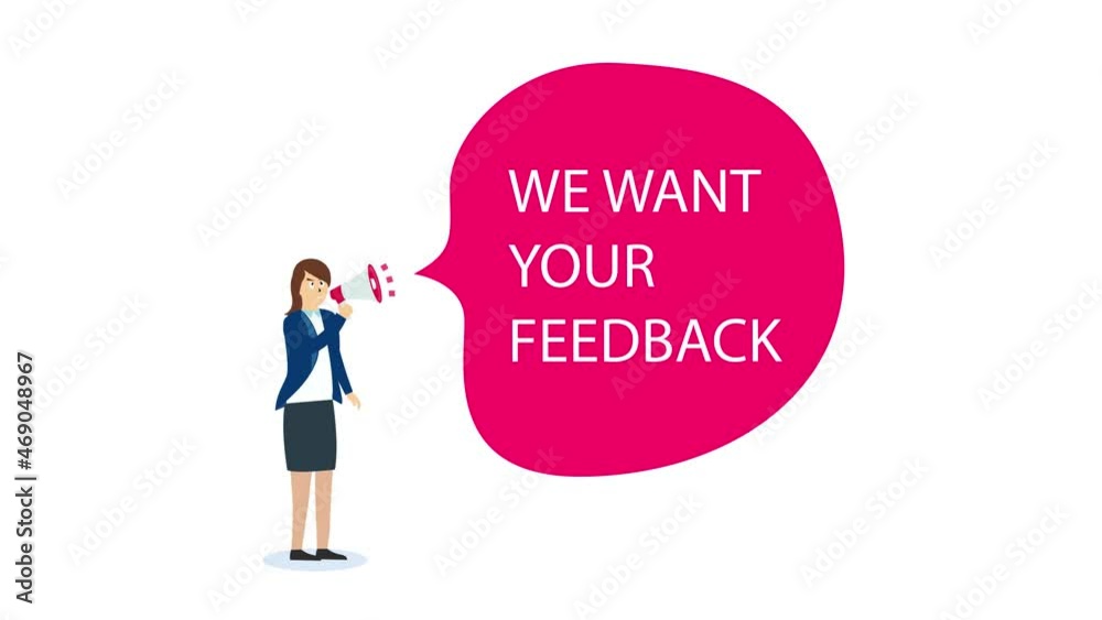 Businesswoman saying we want your feedback Businesswoman saying we want your feedback