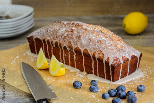 Lemoncake with frosting on a table ready to eat photo