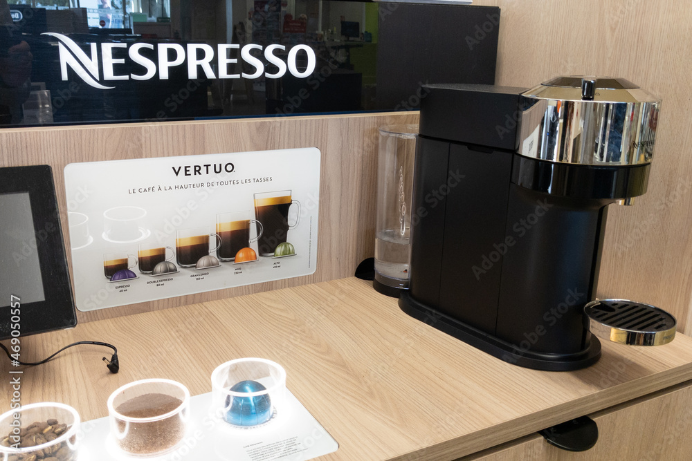Nespresso logo sign and brand text capsule coffee machine stand for sale in  cafe makers store Stock Photo | Adobe Stock