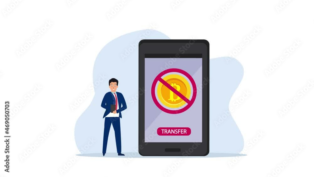 Young man with prohibition bitcoin transfer sign Young man with prohibition bitcoin transfer sign