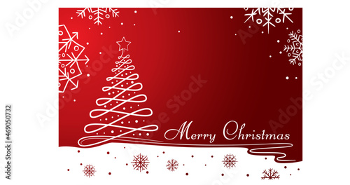 Christmas vector banner. Red background with Christmas tree, snowflakes. Holidays poster, greeting cards, headers and screensaver. Festive illustration.