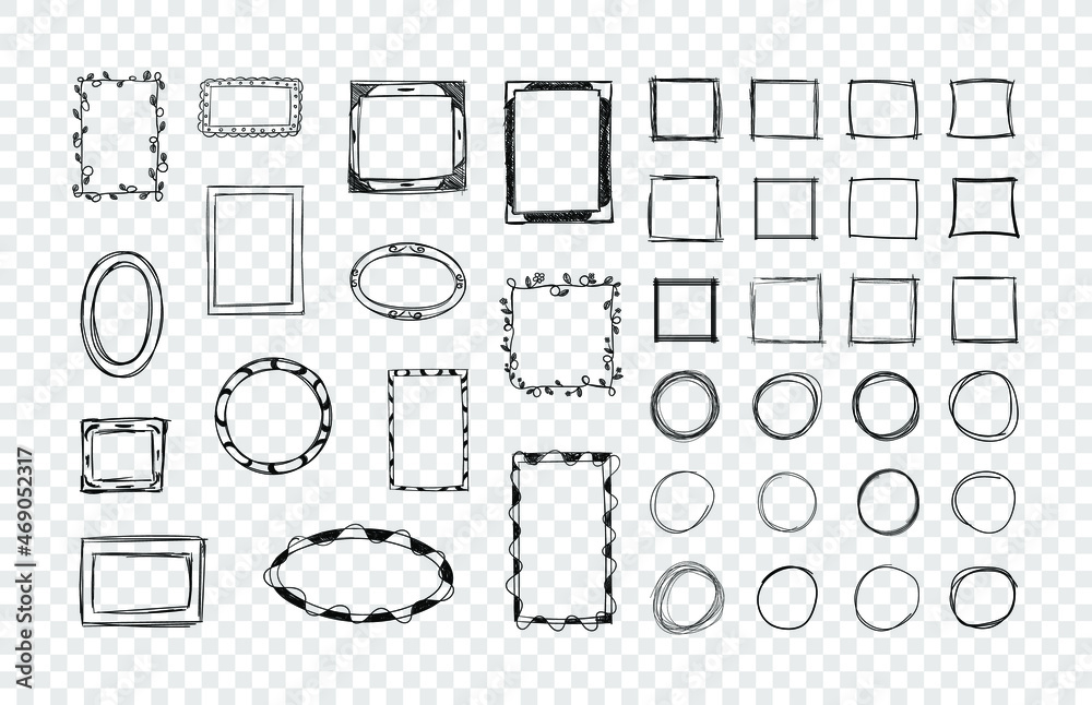 Vector Hand Drawn Scribble Square and Circle Shaped Frames on Transparent Background, Design Elements Set, Doodle Sketched Frames Pen Drawings. Vector Hand Drawn Scribble Square and Circle Shaped Frames on Transparent Background, Design Elements Set, Doodle Sketched Frames Pen Drawings.