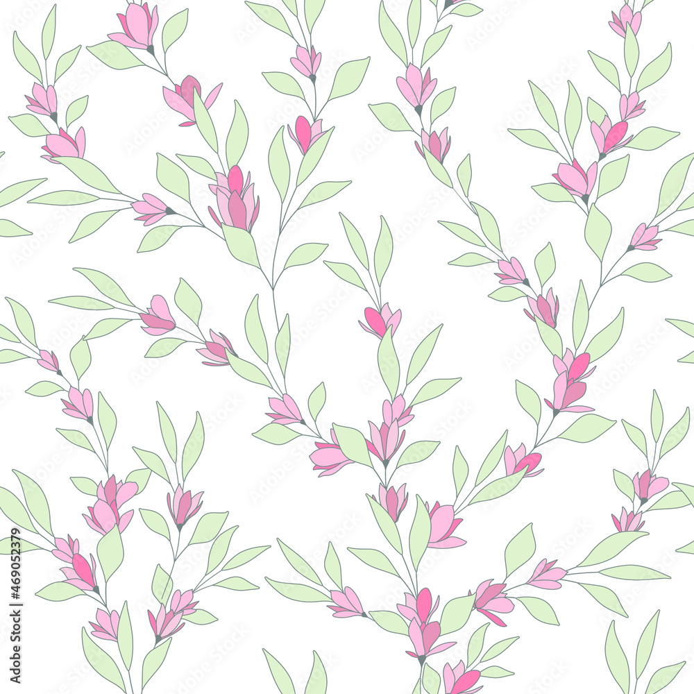 seamless pattern of flowers, branches and leaves seamless pattern of flowers, branches and leaves