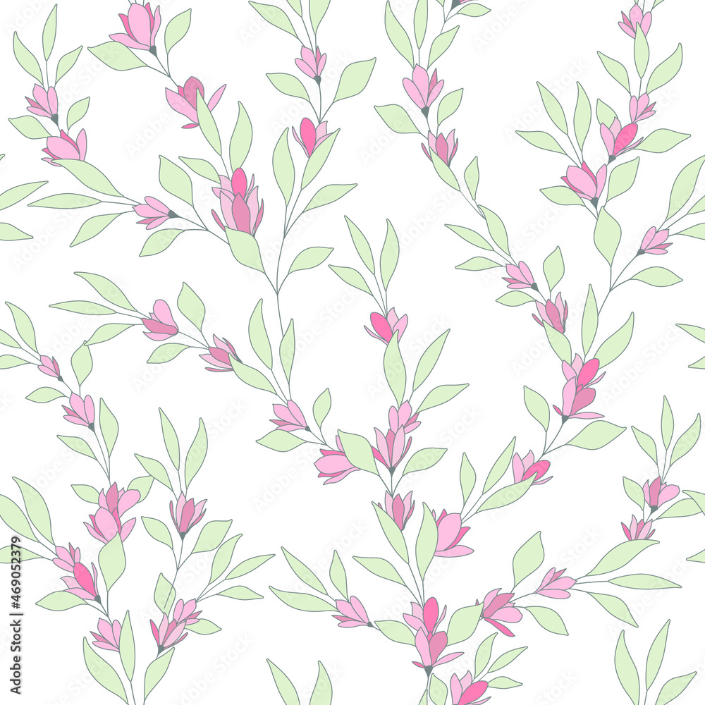 seamless pattern of flowers, branches and leaves