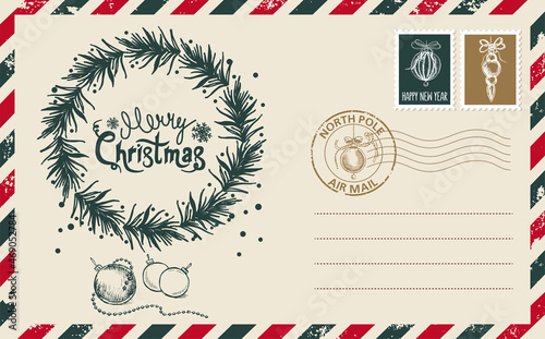 Christmas mail, postcard, hand drawn illustration.