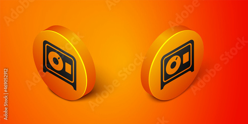 Isometric Safe icon isolated on orange background. The door safe a bank vault with a combination lock. Reliable Data Protection. Orange circle button. Vector