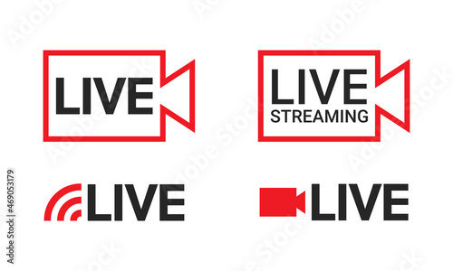 Live streaming video label icon set. Suitable for design element of live broadcast and video streaming content. Online video streaming live mark collection.