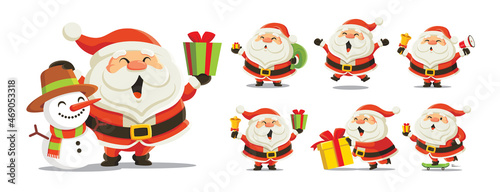 Set of funny cute Santa Claus character in different postures, holding Christmas present, megaphone and jingle bell, pushing Christmas gift box and riding skateboard. Mascot for Merry Christmas