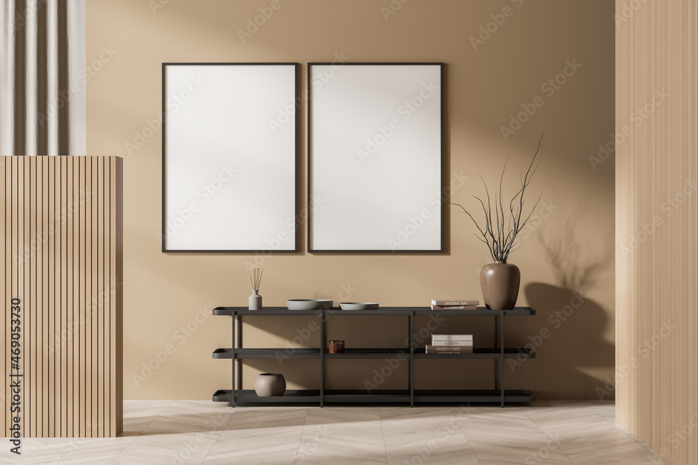 Light exhibition room interior with shelf and decoration, mockup posters Light exhibition room interior with shelf and decoration, mockup posters