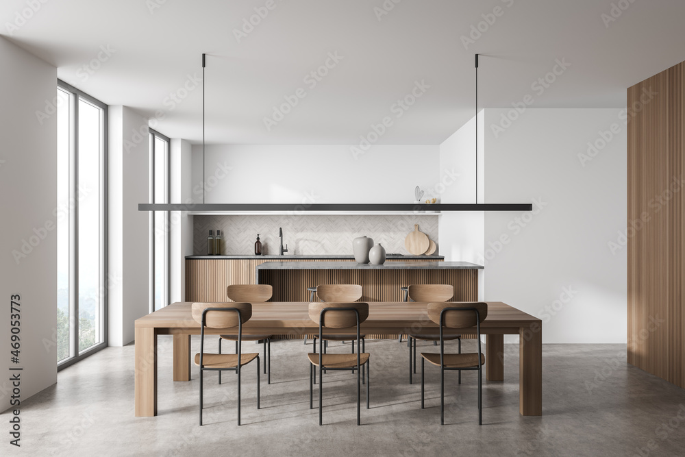 White and wood dining room with linear light and kitchen on background - obrazy, fototapety, plakaty 