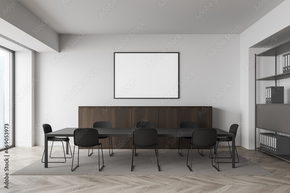 Fototapeta premium Conference room interior and shelf with files, window and mockup poster