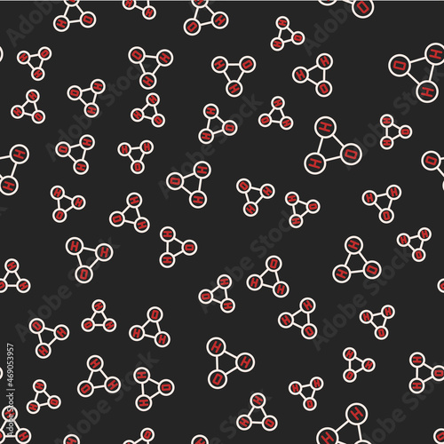 Line Chemical formula for water drops H2O shaped icon isolated seamless pattern on black background. Vector