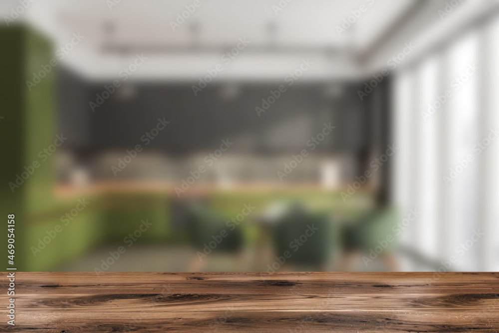 Dark kitchen interior with eating table and chairs near window blurred, mockup