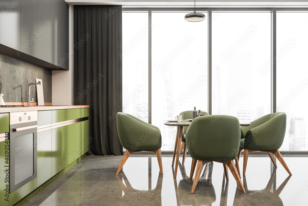 Fototapeta premium Dark kitchen interior with eating table and chairs on concrete floor, window