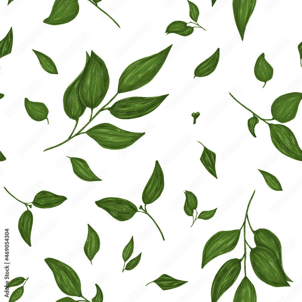 Seamless floral pattern - green leaves and branches composition on white background, perfect for wrappers, wallpapers, postcards, greeting cards, wedding invitations, romantic events.