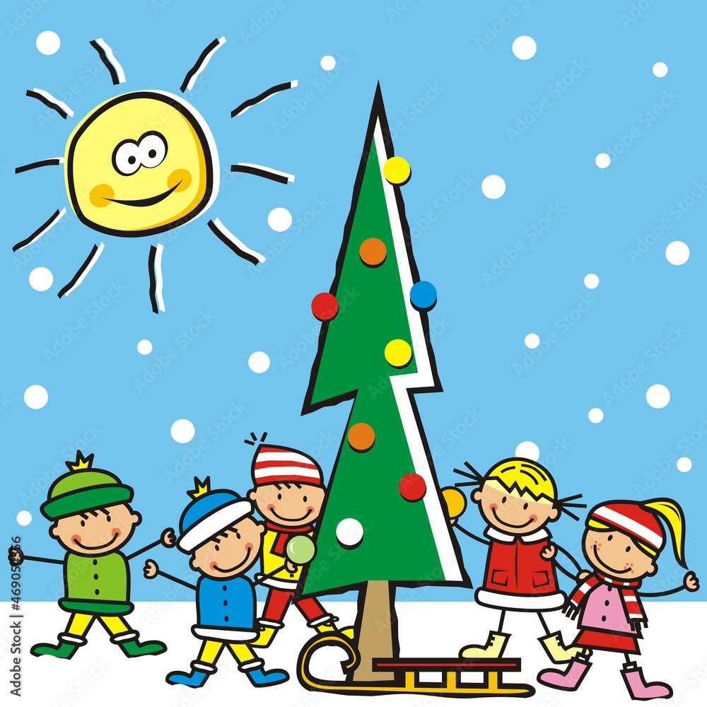 Christmas card, decorating a tree, smiling kids and flasks, funny vector illustration
