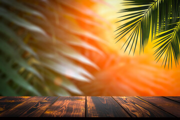 Jungle table background. Interior table for a cosmetic item against the backdrop of tropical plants, palms and jungle.