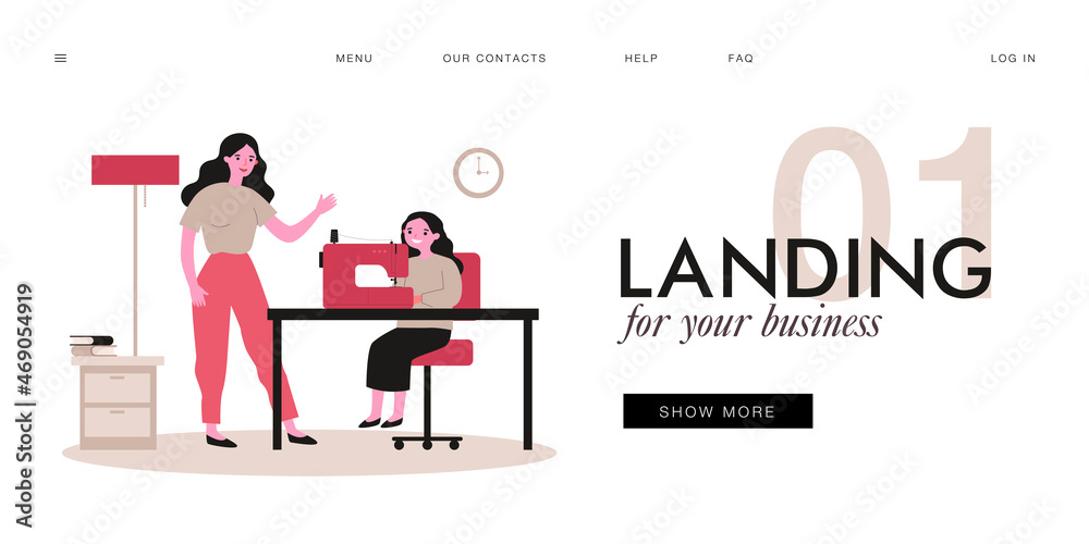 Mother teaching daughter to use sewing machine. Woman explaining to girl how to make or repair clothes flat vector illustration. Family, education concept for banner, website design or landing page