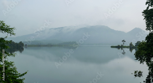 Panoramic landscape view of beautiful Vandri Lake located in Palghar district, Maharashtra, India