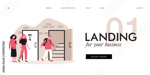 Queue to men and women restrooms. Flat vector illustration. Women waiting at door while man entering public toilet. Hygiene, need, gender concept for banner design or landing page