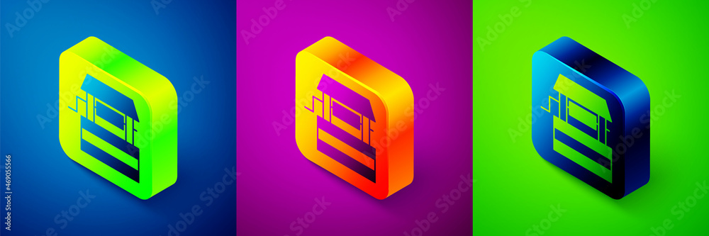 Isometric Well icon isolated on blue, purple and green background. Square button. Vector