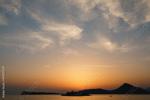 Beautiful orange sunset over Mamula island. Montenegro