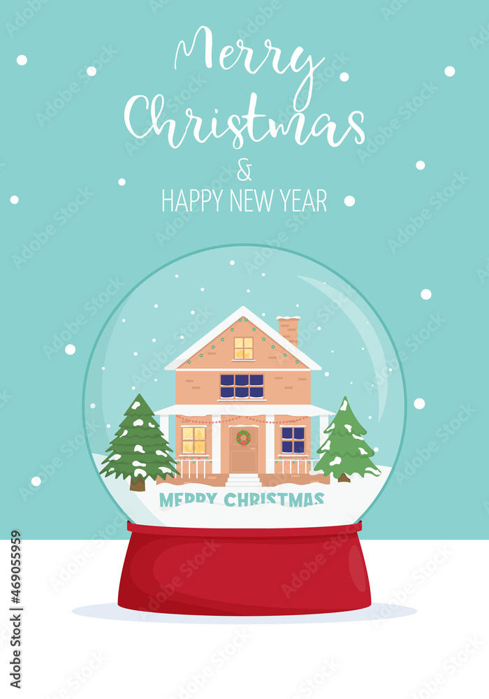 Merry Christmas and new year card. Winter wonderland scenes in a snow globe. Winter card design illustration for greetings, invitation
