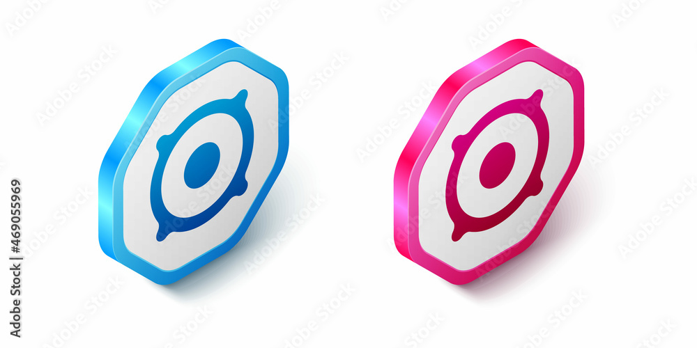 Isometric Stereo speaker icon isolated on white background. Sound system speakers. Music icon. Musical column speaker bass equipment. Hexagon button. Vector