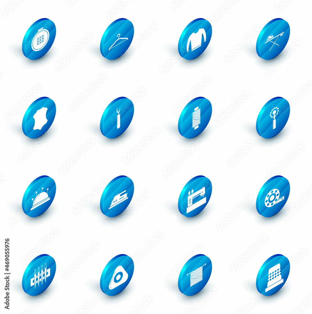 Set Hanger wardrobe, Sweater, Electric iron and ironing board, Leather, Needle bed needles, Cutter tool, and Sewing thread spool icon. Vector Set Hanger wardrobe, Sweater, Electric iron and ironing board, Leather, Needle bed needles, Cutter tool, and Sewing thread spool icon. Vector