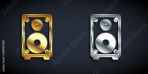 Gold and silver Stereo speaker icon isolated on black background. Sound system speakers. Music icon. Musical column speaker bass equipment. Long shadow style. Vector