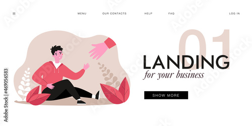 Huge hand offering help to boy sitting on ground. Fallen male character reaching for help flat vector illustration. Assistance, community, friendship concept for banner, website design or landing page