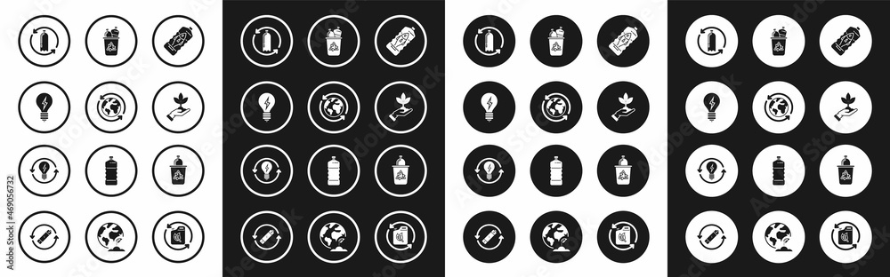 Set Stop ocean plastic pollution, Planet earth and recycling, Light bulb with lightning symbol, Recycling bottle, Plant hand of environmental protection, Recycle bin recycle, and icon. Vector Set Stop ocean plastic pollution, Planet earth and recycling, Light bulb with lightning symbol, Recycling bottle, Plant hand of environmental protection, Recycle bin recycle, and icon. Vector