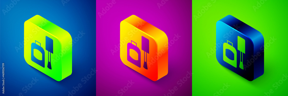 Isometric Bottle of nail polish icon isolated on blue, purple and green background. Square button. Vector Isometric Bottle of nail polish icon isolated on blue, purple and green background. Square button. Vector