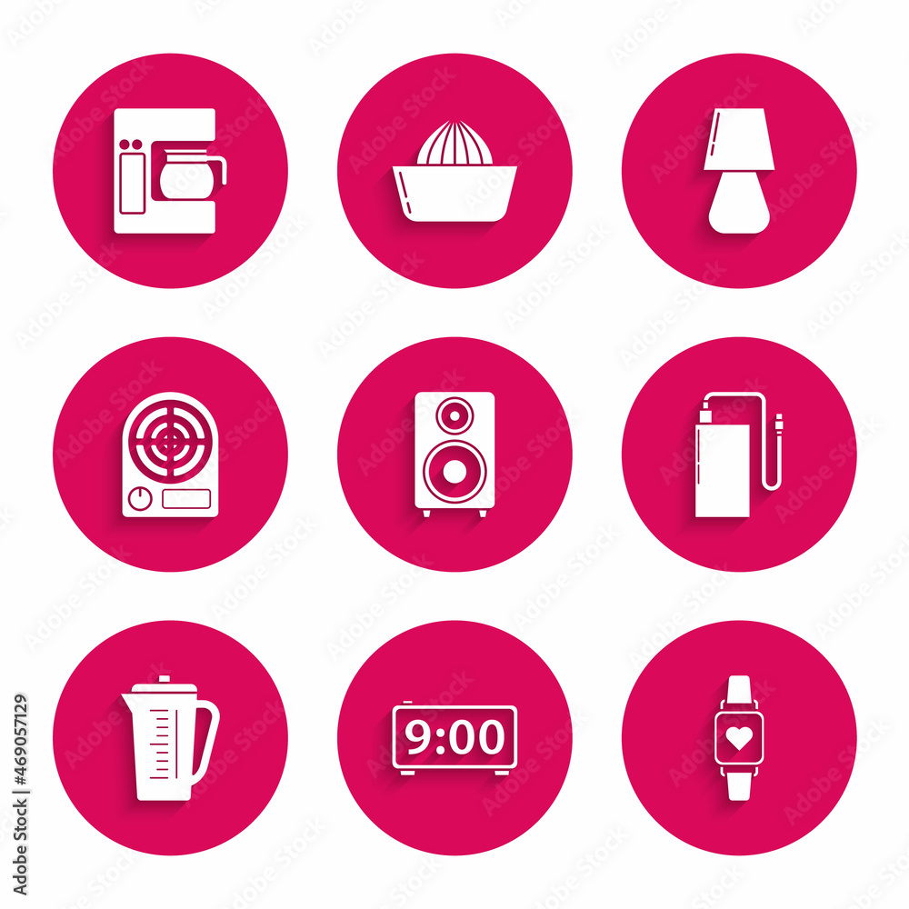 Set Stereo speaker, Smart watch showing heart beat rate, Power bank with different charge cable, Measuring cup, Electric heater, Table lamp and Coffee machine glass pot icon. Vector Set Stereo speaker, Smart watch showing heart beat rate, Power bank with different charge cable, Measuring cup, Electric heater, Table lamp and Coffee machine glass pot icon. Vector