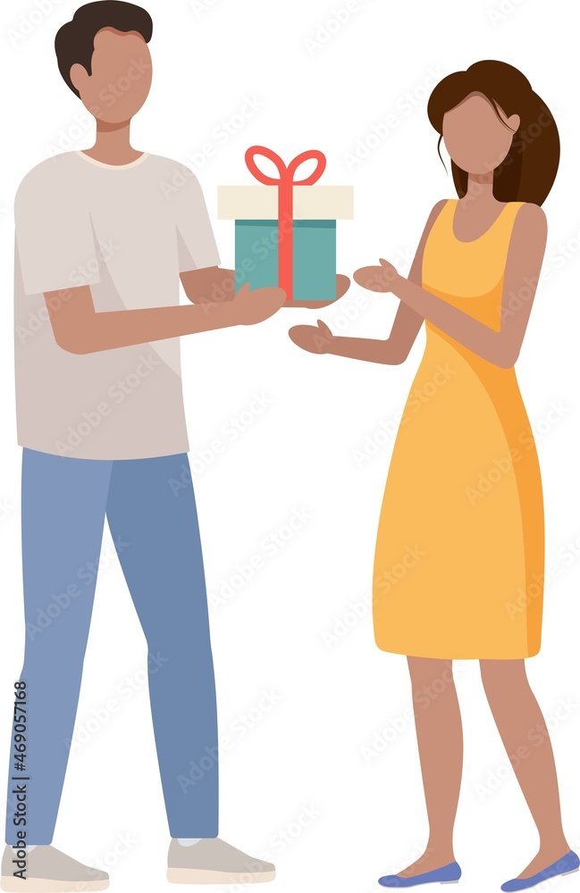 Flat color faceless man give gift to girl Flat color faceless man give gift to girl