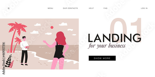 Photographer taking picture of woman on seashore. Man holding camera, photoshoot on beach flat vector illustration. Photography, holiday, vacation concept for banner, website design or landing page