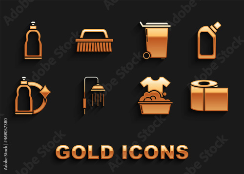Set Shower head with water drops flowing, Plastic bottles for liquid dishwashing liquid, Toilet paper roll, basin soap suds, Trash can, and Brush cleaning icon. Vector