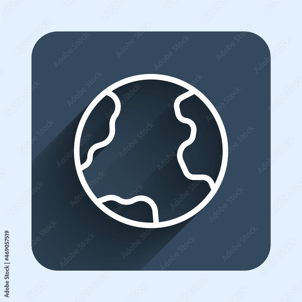 White line Earth globe icon isolated with long shadow background. World or Earth sign. Global internet symbol. Geometric shapes. Blue square button. Vector