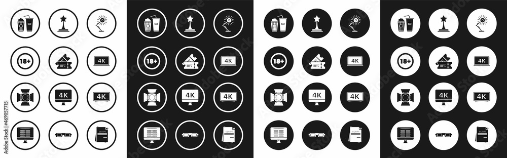 Set Table lamp, Cinema ticket, Under 18 years, Popcorn and soda drink glass, Laptop screen with 4k video technology, Movie trophy, and spotlight icon. Vector Set Table lamp, Cinema ticket, Under 18 years, Popcorn and soda drink glass, Laptop screen with 4k video technology, Movie trophy, and spotlight icon. Vector