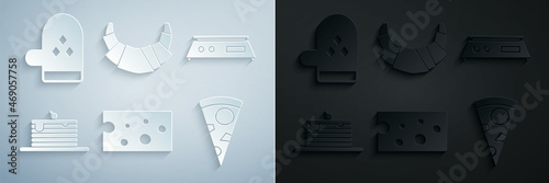 Set Cheese, Electronic scales, Stack of pancakes, Slice pizza, Croissant and Oven glove icon. Vector