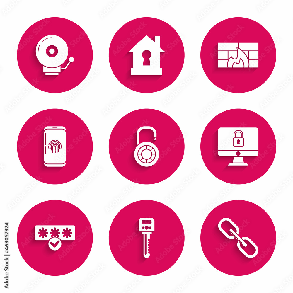 Set Safe combination lock wheel, Lock computer monitor screen, Password protection and safety access, Smartphone with fingerprint scanner, Firewall, security wall and Ringing alarm bell icon. Vector Set Safe combination lock wheel, Lock computer monitor screen, Password protection and safety access, Smartphone with fingerprint scanner, Firewall, security wall and Ringing alarm bell icon. Vector