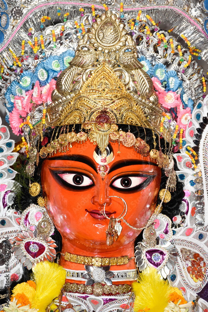 Jagadhatri idol - The idol of goddess Jagadhatri in 2021 at Bindhyabasini Temple, Guptipara where first Barwari puja of undivided Bengal was introduced.