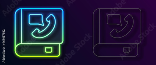 Glowing neon line Phone book icon isolated on black background. Address book. Telephone directory. Vector