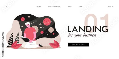 Young man reading book about space. Flat vector illustration. Guy studying, dreaming of distant galaxies, planets and space travel. Astronomy, science fiction, space, literature, education concept