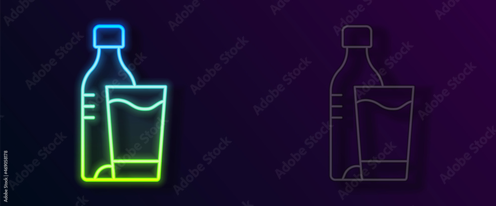 Glowing neon line Bottle of water with glass icon isolated on black background. Soda aqua drink sign. Vector Glowing neon line Bottle of water with glass icon isolated on black background. Soda aqua drink sign. Vector