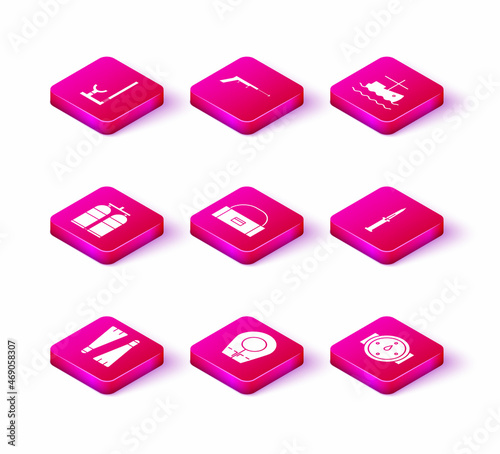 Set Rubber flippers for swimming, Diving hood, Aqualung, Case box container wobbler, Wind rose, Army knife, Fishing boat water and harpoon icon. Vector